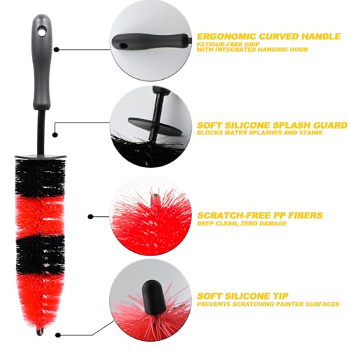 Wheel Brush and Car Wash Mitts Set, 3 PCS Car Cleaning Kit, 17 Inch Soft Bristle Wheel Cleaner Brush with 2 Microfiber car Wash Mitts, Scratch-Free Rim Tire Detailing Brush for Wheels, Tires, Rims