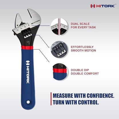 HITORK 2 piece Adjustable Wrench Set, 6 & 10 Inch, CRV Steel, Black Oxide, Double Dip Sleeve, Quick Adjust, Laser Etched SAE & Metric Scale, Anti Rust & Durable – For Plumbing, Garage & Workshop