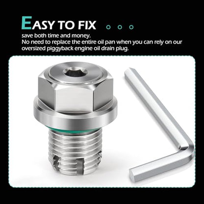 Shakas M14.1 x 1.5 Oversize Piggyback Oil Drain Plug, Stainless Steel Self-tapping Repair Screws with O-ring and L-wrench, Oil Pan Drain Plug Repair Kit, for Most Cars (Silver)