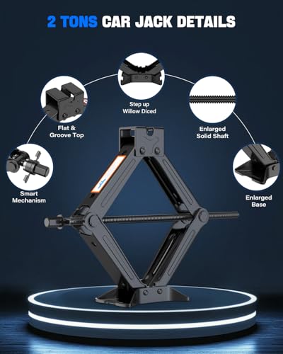 Car Jack Kit, 2 Ton (4409 lbs) Scissor Jack for Car, SUV, MPV | Alloy Steel Heavy Duty Scissor Car Jack, Portable Garage Tire Change Repair Tool, Outdoor Car Emergency Kit - size: 2T