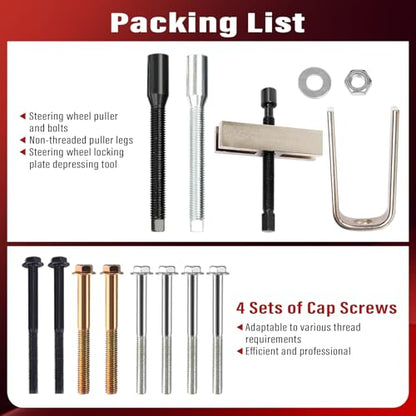 Steering Wheel Puller Kit Steering Wheel Lock Plate Removal Tool | 4 sets of cap screws Made of Steel Fit for most domestic and imported cars Easy Storage