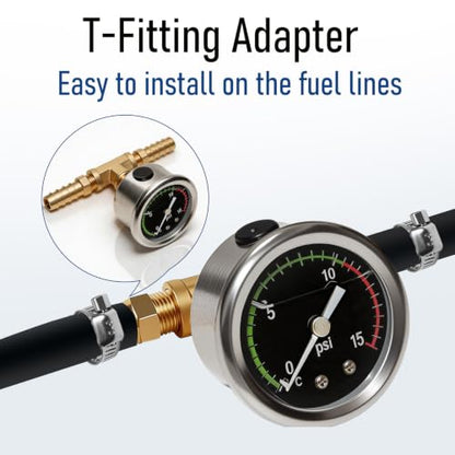 Fuel Pressure Gauge Kit, 0-15psi Glycerin Filled Fuel Pressure Gauge Kit, 1-1/2" Dial Size Fuel Pressure Gauge for Car, 1/8'' NPT Inline Fuel Pressure Gauge with 3/8'' 5/16'' Barb, Back Mount