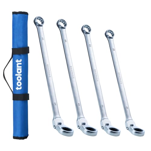 toolant 4PCS Extra Long Ratcheting Wrench Set, Gift for Men, Flex Head & Fixed Offset Head Double Box End Combination Wrench Set, CR-V Steel, Metric 21-24mm, 4PCS with Rolling Pouch - size: 4 PCS (21-24 mm)