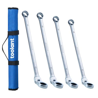 toolant 4PCS Extra Long Ratcheting Wrench Set, Gift for Men, Flex Head & Fixed Offset Head Double Box End Combination Wrench Set, CR-V Steel, Metric 21-24mm, 4PCS with Rolling Pouch - size: 4 PCS (21-24 mm)