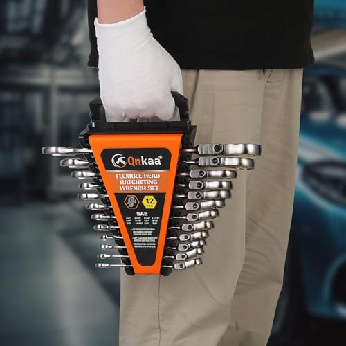 Qnkaa Qnkaa12pcs Flexible Ratchet Wrenches Set SAE 1/4” to 7/8“ | Standard Spanners Gear Ring Ratcheting Combination Flex-Head Wrenches Kit with Portable Organizer Rack - style: SAE 12pcs