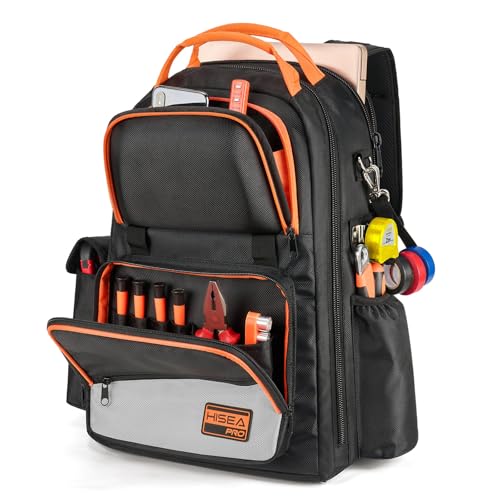 HISEA Tool Backpack, 18-Inch Heavy Duty Tool Bag Organizer with 37 Pockets | 1680D Oxford Waterproof Tools Storage Bag, with Laptop Compartment, for Electricain, Mechanic, Plumber, Tradesman