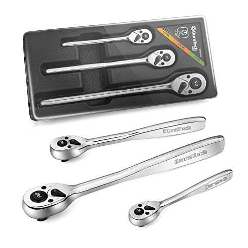 DURATECH 3-Piece Ratchet Set, 1/4", 3/8", 1/2" Drive | 90-Tooth, Quick-release, Contour Handle for Better Grip, Alloy Steel, Organized in Plastic Tray - style: Contour Handle