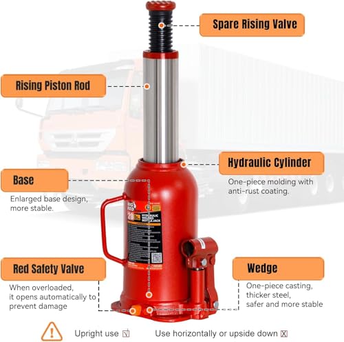 20 Ton Hydraulic Bottle Jack, 40,000 LBS Heavy Duty Welded Steel Auto Lift Jack with Adjustable Height, Overload Protection, Leak-Free Pump, for Truck, RV, Industrial and Garage Use, Red - color: Red