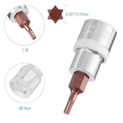 2PCS 3/8 Inch Drive T10 Torx Bit Socket, S2 Steel Bits, Heat Treated CR-V Steel Star Sockets 1.9 Inch Length - size: T10