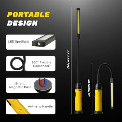 Rechargeable LED Work Light with Flexible Gooseneck, Up to 1000 Lumens 3 Modes Magnetic Work Light, Mechanic Light with Magnetic Base for Work Bench, Lathe, Car Repair, Grill Light, Emergency