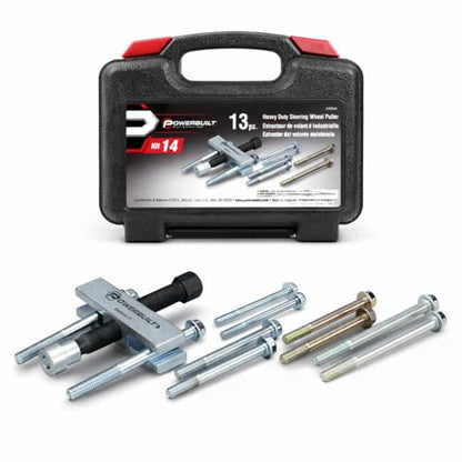 Powerbuilt Heavy Duty Steering Wheel Puller Tool Set, Removes steering wheels with tapped holes, For most domestic and imported vehicles, 14 Pc. with Storage case - 648645 - style: 14 Piece