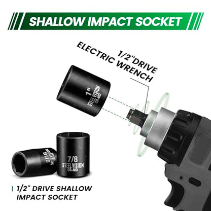 Steel Vision Tools 13-Piece 1/2-Inch Drive SAE Impact Socket Set | Chrome-Moly Steel | Deep Impact Sockets | Easy-to-Read Markings | Heavy-Duty Performance | Storage Case Included - style: 1/2"_SAE_Shallow