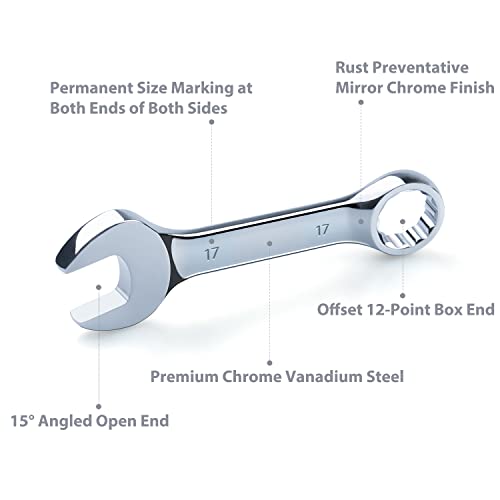 20-Piece Metric and SAE Premium Stubby Combination Wrench Set with Storage Rack | Metric 10mm to 19mm, SAE 5/16” to 7/8”, No Skipped Size | Cr-V Steel, Mirror Chrome Finish, Short Length and Slim Body - size: Metric and SAE Set