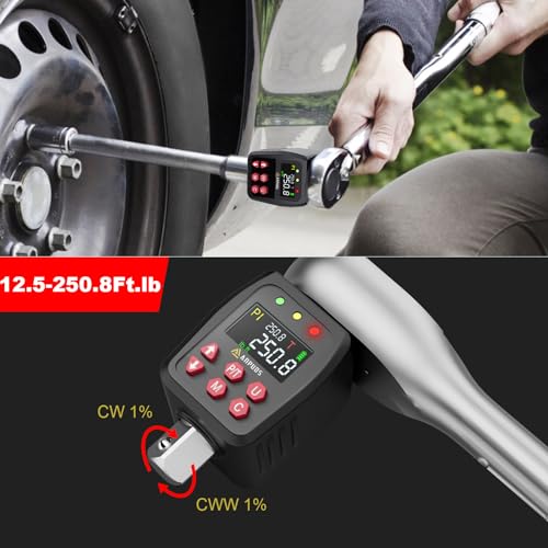 ANPUDS 1/2" Digital Torque Adapter, 12.5-250.8 Ft-lb/17-340Nm, ±1% Accuracy | Digital Torque Gauge, 10 Presets & 500 Data Memory, Buzzer & LED Indicator, 3/8" & 1/4" Adapters, for Truck, RV, Towing - size: 12.5-250.8 Ft-lb/17-340 Nm