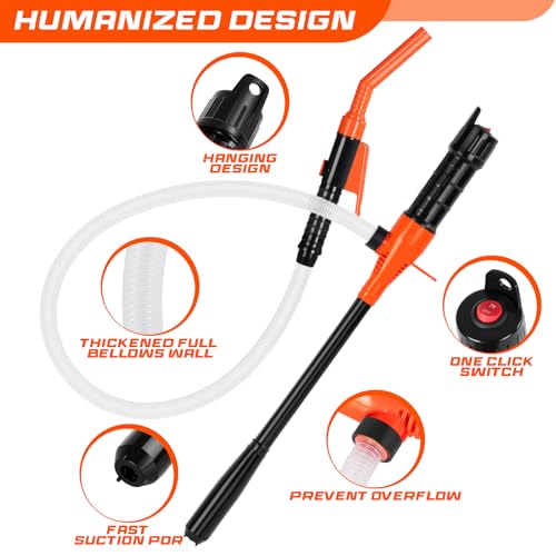 Fuel Transfer Pump Battery Powered Gas Pump For 5 Gallon Gas Can | Automatict Shut-off Nozzle, 47 IN Long Hose, Adapters for Different Size Gasoline Tank - size: 1 Pack of Medium orange