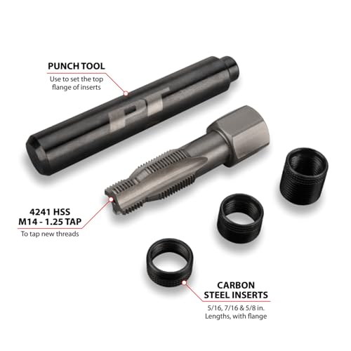 Performance Tool W86910 Spark Plug Thread Repair Kit M14-1.25 | Automotive spark plug retread kit. M14-1.25 thread size. Includes HSS tapered reamer and stainless steel inserts - style: Spark Plug Repair Kit