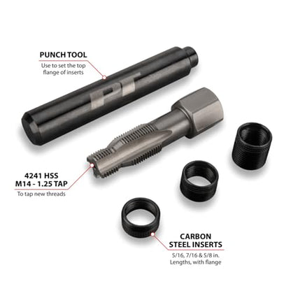 Performance Tool W86910 Spark Plug Thread Repair Kit M14-1.25 | Automotive spark plug retread kit. M14-1.25 thread size. Includes HSS tapered reamer and stainless steel inserts - style: Spark Plug Repair Kit