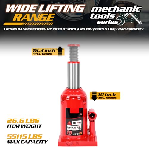 Magshion 25 tons Automotive Welded Hydraulic Bottle Jack w/Manual Handle for Car, Truck, SUV, 10" to 18" Lifting Range (Red)