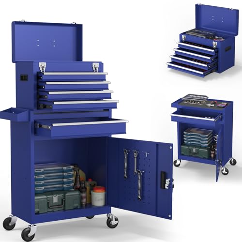 5-Drawers Tool Chest, 2-in-1 Rolling Tool Box with Wheels and Drawers, Detachable Storage Toolbox with Lock, Heavy-Duty Metal Tool Cart for Garage, Workshop (Blue) - color: Blue