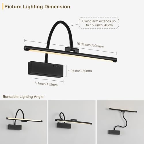 JOOSENLUX Wireless Picture Light - Battery Operated Black Wall Light with Remote Control - Dimmable Timer - 15.94” Display - Flexible Neck Swing Arm - Art Gallery Light - color: Black, size: Model B
