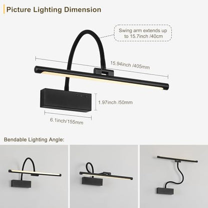 JOOSENLUX Wireless Picture Light - Battery Operated Black Wall Light with Remote Control - Dimmable Timer - 15.94” Display - Flexible Neck Swing Arm - Art Gallery Light - color: Black, size: Model B