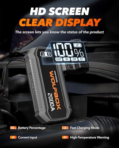WOLFBOX 2000A Jump Starter, 44.4Wh Battery Jumper Starter Portable with LED Display, 12V Car Battery Jump Starter Pack (7L Gas 6L Diesel Engine) with Booster, LED Light, Jumper Cables (NO Adapter) - size: 2000A