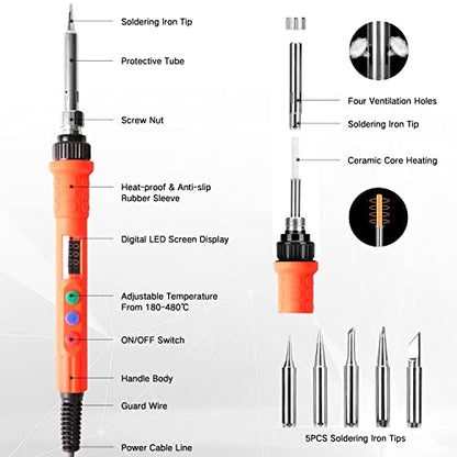 Electronic Soldering Iron Kit, 120W Digital Soldering Gun Tools, Portable Easy-play Solder Kit with 5pcs Extra Tips, 50g Solder Wire, Heavy Duty Holder, Cleaning Sponge, Solder Paste - color: Digital 120w 10-in-1