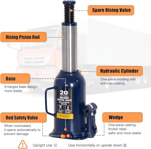 20 Ton Hydraulic Bottle Jack, 40,000 LBS Heavy Duty Welded Steel Auto Lift Jack with Adjustable Height, Overload Protection, Leak-Free Pump, for Truck, RV, Industrial and Garage Use, Blue - color: Yellow
