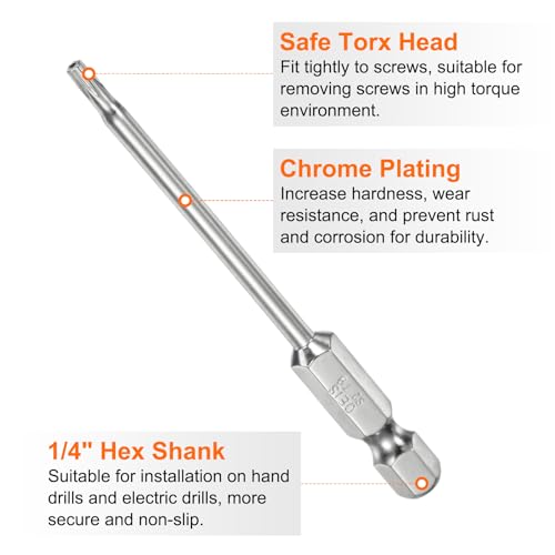 HARFINGTON 2pcs T9 Security Torx Bit 1/4" Hex Shank 3" Long S2 Steel Magnetic Tamper Resistant Star Bits Screwdriver Torx Head with Hole for Driver Drill Bits Remove Fastening Screws - size: T9