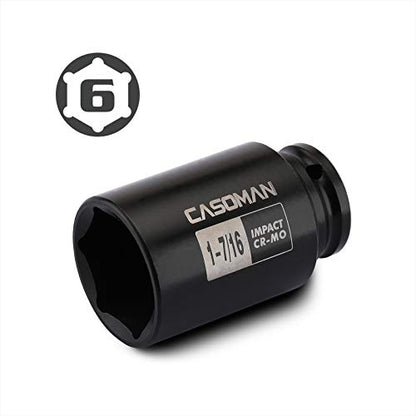 CASOMAN 6-Point 1/2-Inch Drive Deep Impact Socket- 1-7/16" (SAE), CR-MO, 1/2-inch Drive 6 Point Axle Nut Socket for Easy Removal of Axle Shaft Nuts (1-7/16") - size: 1-7/16 inch (SAE), style: 6-Point Socket