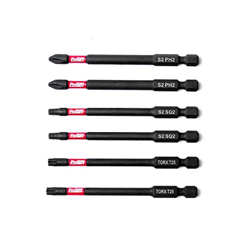 Protorq Impact Bit Set W/clip, 2 Phillips, 2 Square, T25 TORX, 6-Piece, 3 1/2-Inch Length, Industrial Strength, 1/4" Hex Shank - size: 6pc 3.5 in. PH2 SQ2 T25