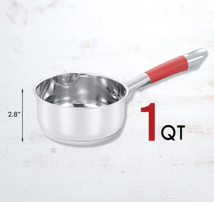 Concord 1 Quart Stainless Steel Saucepan with SIMPLE POUR Vented Glass Lid. Features Dual Pouring Spouts and Volume Marking. Perfect for making Sauces, Jam, Ramen, and more - size: 1 QT