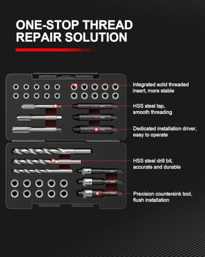 Kolvoii 42Pcs Metric Thread Repair Kit, M6 x 1.0, M8 x 1.25, M10 x 1.25, with HSS Drill Bits, Taps, Counterbores and Installation Tools, 30 Solid 304 Stainless Steel Thread Inserts - size: M6x1.0, M8x1.25, M10x1.25