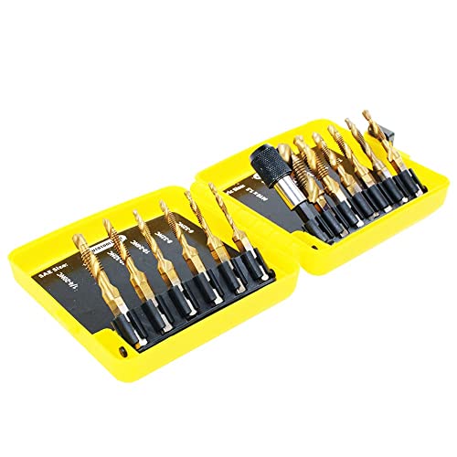 13 Pack Titanium Drill Tap Bit Set, SAE Metric Tap Drill Bits for Metal | Combination Tap Drill Bits for Drilling, Tapping, Deburring and Countersinking Screw Thread with Quick Change Bit Holder