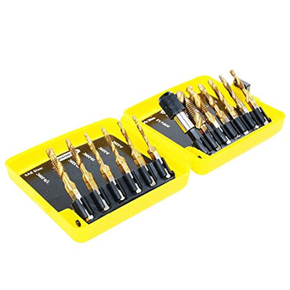 13 Pack Titanium Drill Tap Bit Set, SAE Metric Tap Drill Bits for Metal | Combination Tap Drill Bits for Drilling, Tapping, Deburring and Countersinking Screw Thread with Quick Change Bit Holder