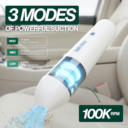 SonicPower Portable Cordless Car Vacuum, 15000Pa High Suction Handheld Vacuum Cleaner, 2-in-1 Vacuum & Blower, with 4 Attachments & Portable Storage Bag for Car, Home, Pet & Office (White & Blue) | Rechargeable Mini Handheld Vacuum with Attachments, Model
