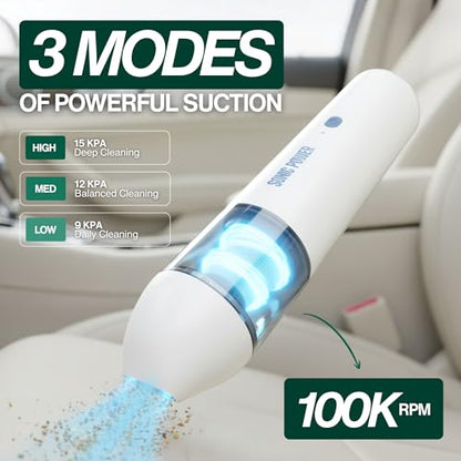 SonicPower Portable Cordless Car Vacuum, 15000Pa High Suction Handheld Vacuum Cleaner, 2-in-1 Vacuum & Blower, with 4 Attachments & Portable Storage Bag for Car, Home, Pet & Office (White & Blue) | Rechargeable Mini Handheld Vacuum with Attachments, Model