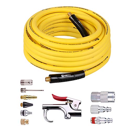 Air Compressor Accessories Kit, 3/8 Inch × 50 Feet Hybrid Air Hose with 1/4 Inch Male NPT Brass Connection, Bend Resistent, 3 Pieces Industrial Air Fittings, Air Blow Gun with 6 Pieces Nozzles