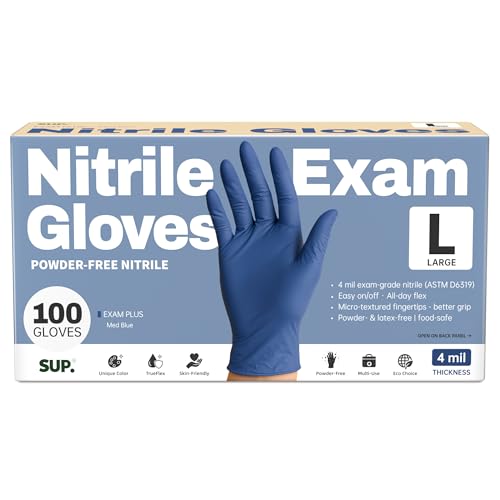 SUP Powder-Free Nitrile Exam Gloves, Food Safe Latex-Free Medical Non-Sterile Cooking Disposable Glove, Blue 100/1000 Count - color: 100 Large (Med Blue)