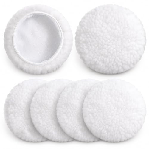 6-Pack 5 to 6 Inch Car Polishing Bonnets, Synthetic Fleece Buffing Pads for Dual Action Orbital Buffer, Soft Waxing & Detailing Bonnet Pads for 5"- 6" Polishers (White)