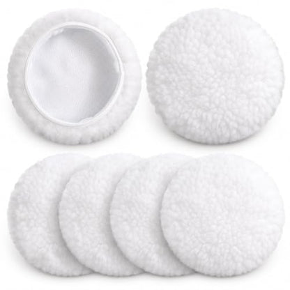 6-Pack 5 to 6 Inch Car Polishing Bonnets, Synthetic Fleece Buffing Pads for Dual Action Orbital Buffer, Soft Waxing & Detailing Bonnet Pads for 5"- 6" Polishers (White)