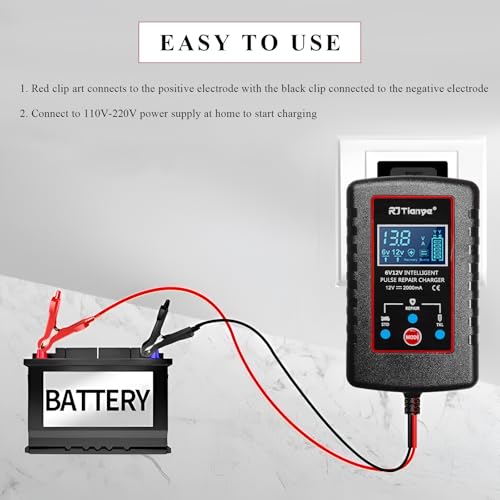 Car Battery Charger, 6V/12V Smart Pulse Battery Repair & Desulfator with ASE Adapter Cable, Intelligent Automatic Trickle Charger Maintainer for Car Truck Motorcycle Marine