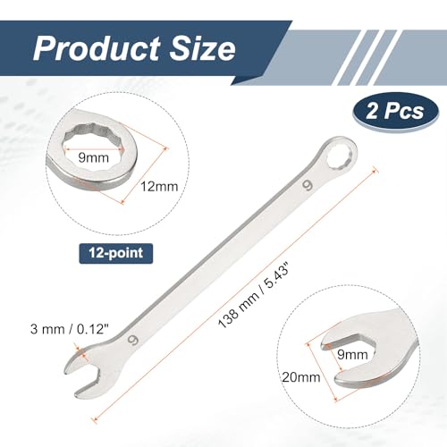 HARFINGTON 2Pcs Super Thin Combination Wrench 9mm Metric 12-Point Box and Open End Stainless Steel Double Ended Spanner Tool for Automotive Pipe Furniture Machinery DIY Repair, Silver - size: 9mm