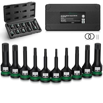 10-Piece S2 Impact XZN Triple Square Bit Socket Set, 1/2 Drive, M5-M18 | Made With S2 Steel and Crmo Drive Sockets, Includes M5-M18 Sizes, Locking Pins and O-Rings for Impact Wrench Use - size: XZN