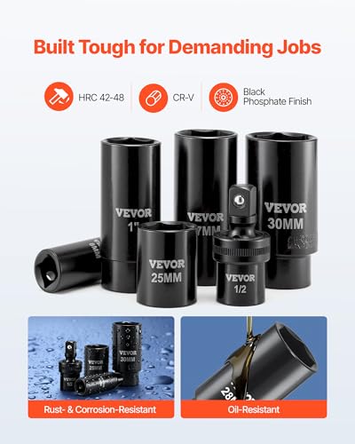 VEVOR 91-Piece 1/2" Drive Impact Socket Set, SAE (5/16" to 1-1/4") & Metric (8 to 32 mm), CR-V, Deep & Shallow, 6 Point, Ratchet Handle, Universal Joint, Adapters, Extension Bars (3, 5, 10 in) - style: 1/2" 91 PCS