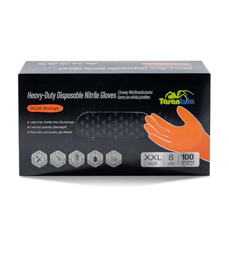 Tarantula 8-mil Disposable Nitrile Gloves,Heavy-Duty Fully Diamond Textured | Mechanic & Food-Safe, Powder-Free, Latex-Free, Non-Sterile, for Cooking & Cleaning - color: Orange, size: Medium