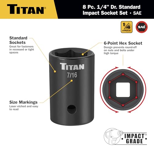 Titan 46001 8-Piece 1/4-Inch Drive SAE Shallow Impact Socket Set, 6-Point, SAE Sizes 3/16 to 9/16-Inch - size: 8-Piece SAE Shallow, style: 1/4-Inch Drive