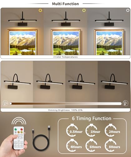 JOOSENLUX Wireless Picture Light - Battery Operated Black Wall Light with Remote Control - Dimmable Timer - 15.94” Display - Flexible Neck Swing Arm - Art Gallery Light - color: Black, size: Model B