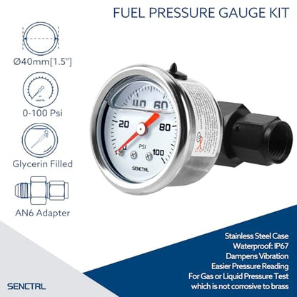 SENCTRL 0-100 Psi Fuel Pressure Gauge Kit with 6AN Fitting, Inline Low Pressure, Glycerin Liquid Filled, 1.5" Dial 1/8" NPT Back Mount for EFI Fuel System, Fuel Regulator Adapter, Engine - size: 0-100 Psi, style: Back Mount with 6AN fitting