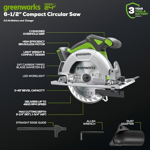 Greenworks 24V 5pcs Brushless Power Tool Combo kit: 310 in. -lbs Drill Driver, 1950 In. Ibs Impact Driver, Reciprocating Saw, Circular Saw, Flashlight With 3×2Ah Batteries & 2×Fast Charger - size: 5PCS Combo Kits